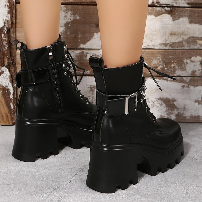 Punk Platform Boots Women 2025 New Motorcycle Boots Women Buckle Straps Women Ankle Boots Chunky Heel Lace Up Shoes