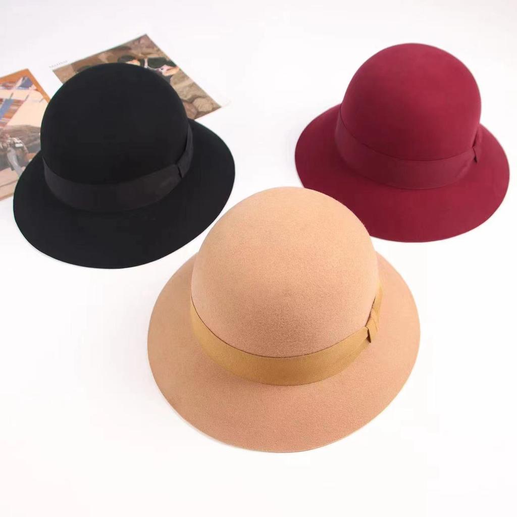 Autumn and winter new temperament sweet and versatile multi-color woolen woolen basin hat retro Hepburn thousand gold wind wool felt top hat