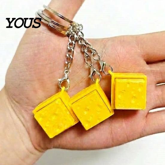 PLA Cheese Clicker Simulated Fidget Keychain, 3D Printed Cube Finger Clicker, Anxiety Stress Relief Push Button Toy for Office Classroom