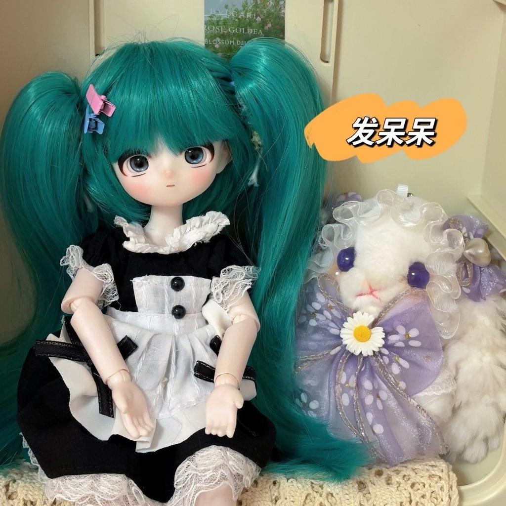 Green Twin Tail BJD Doll 3 Face Plates Maid Outfit Movable Joint Collectible Anime Girl Figure Dress Up Toy Gift For Doll Lovers