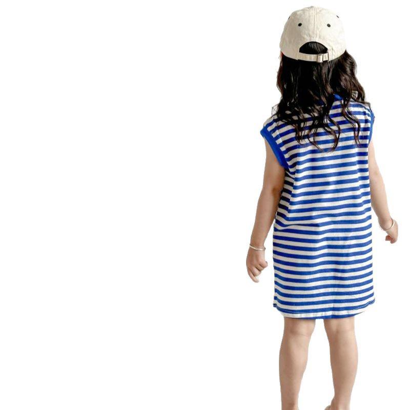 2024 Girls' Korean Style Navy Striped Sleeveless Mid-Length T-Shirt Dress