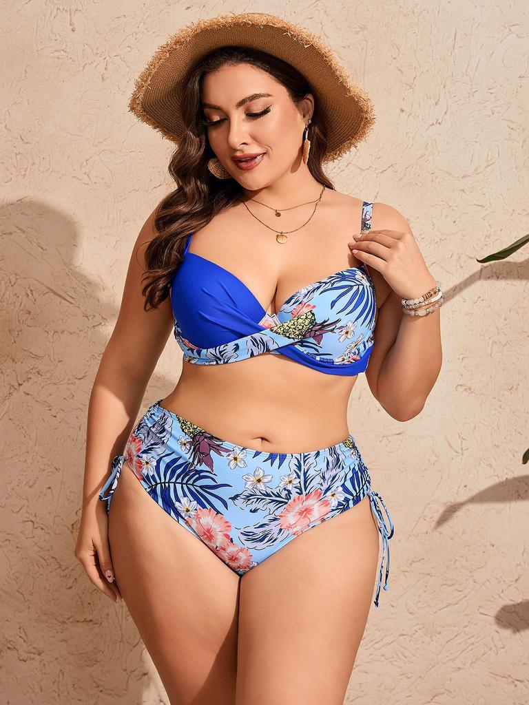 Europäischer Plus-Size Blumen-Bikini mit Schlitz und Kordelzug