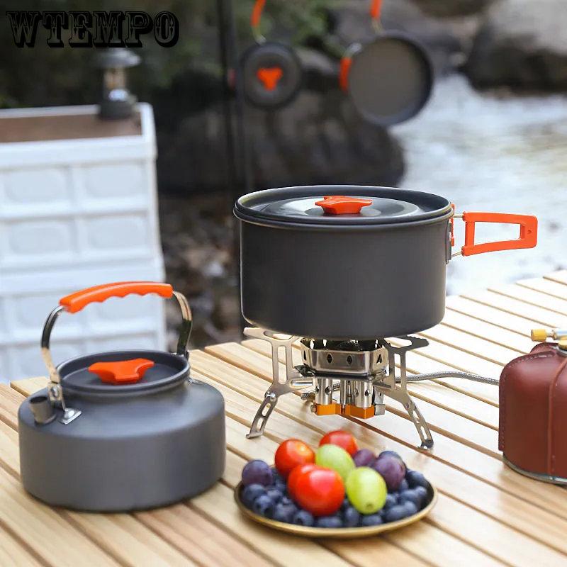 WTEMPO Veselă de gătit pentru exterior Veselă de picnic Set ceainic Echipament de camping Aragaz cu casetă Veselă portabilă