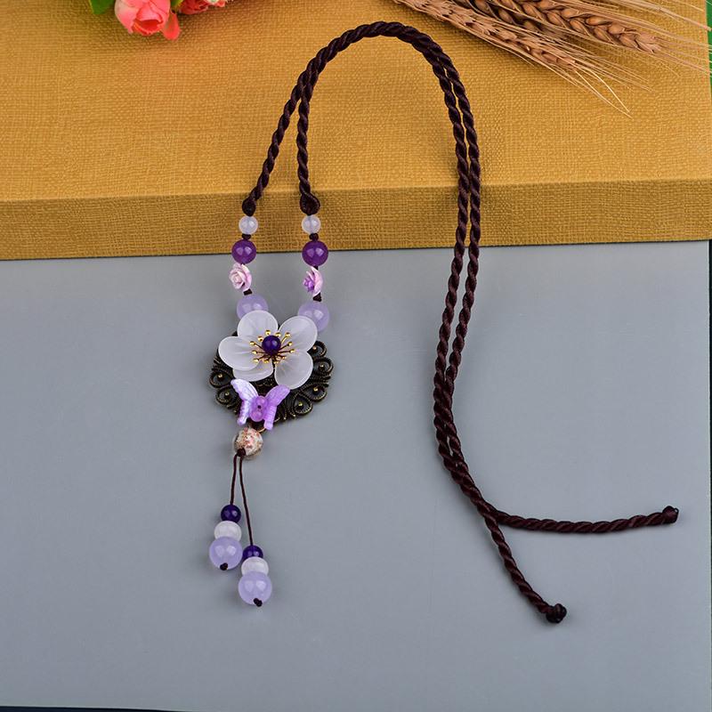 GEMCHIC Women's Ethnic Style Long Sweater Necklace with White Jade Flower Pendant, Retro Glass Beads Tassel Chain for Autumn Winter Fashion