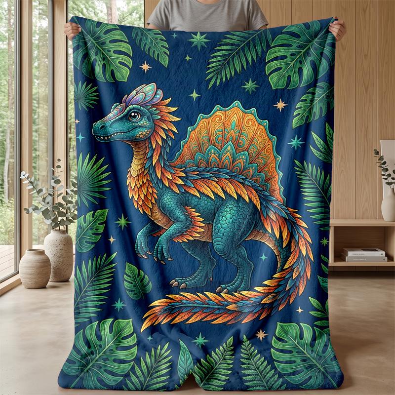Vibrant Dinosaur Illustration Theme Blanket Lightweight Warm Flannel Blanket Decorative Throw Blanket for Home Decoration