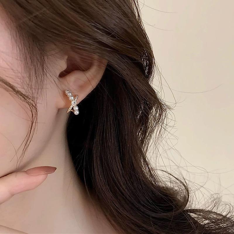 Zircon cross pearl ear clips women's niche design exquisite gentle stud earrings fashion light luxury temperament no pierced earrings