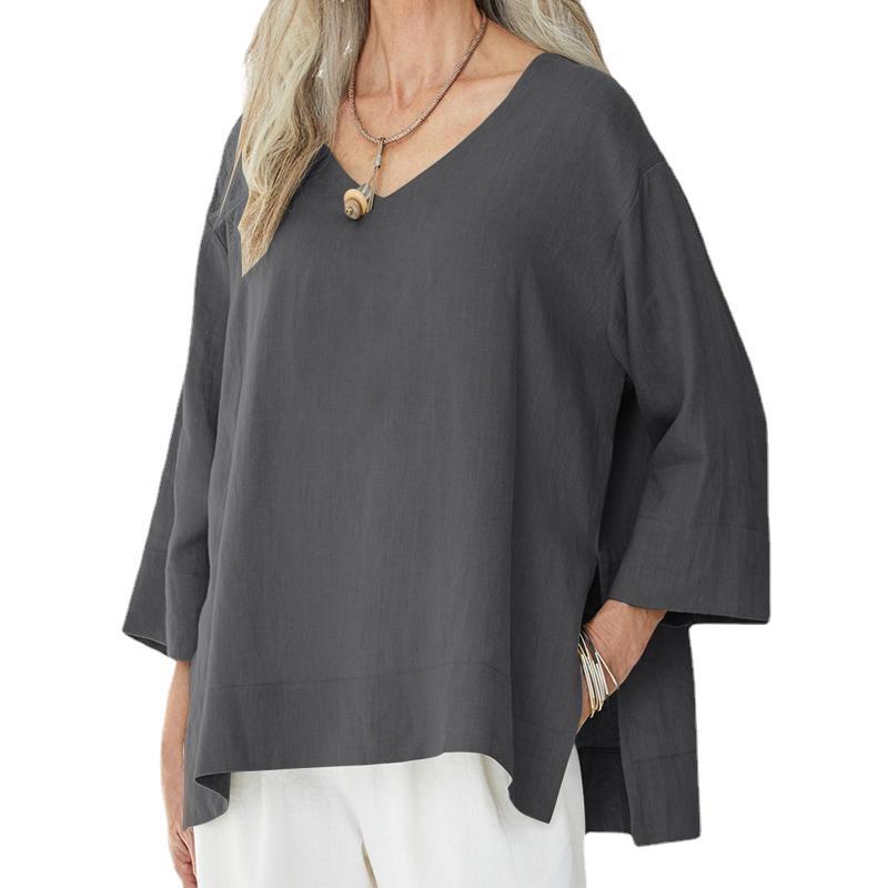 Women's V-neck Cotton Linen Shirt Top with Three Quarter Sleeves Side Slits Loose Oversized T-shirt