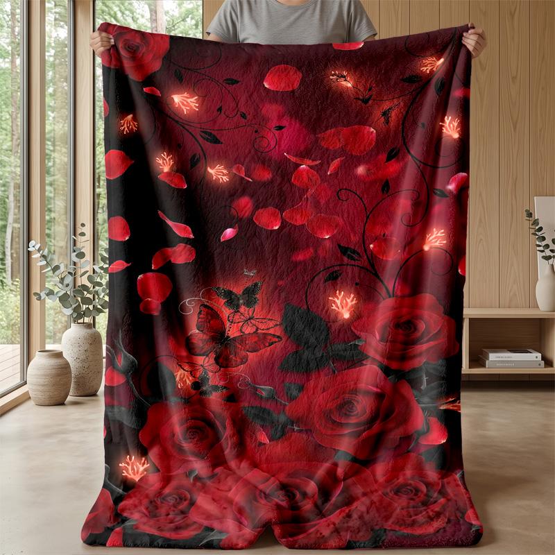 Red Rose with Jeweled Butterflies Theme Blanket Lightweight Warm Flannel Blanket Decorative Throw Blanket for Home Decoration