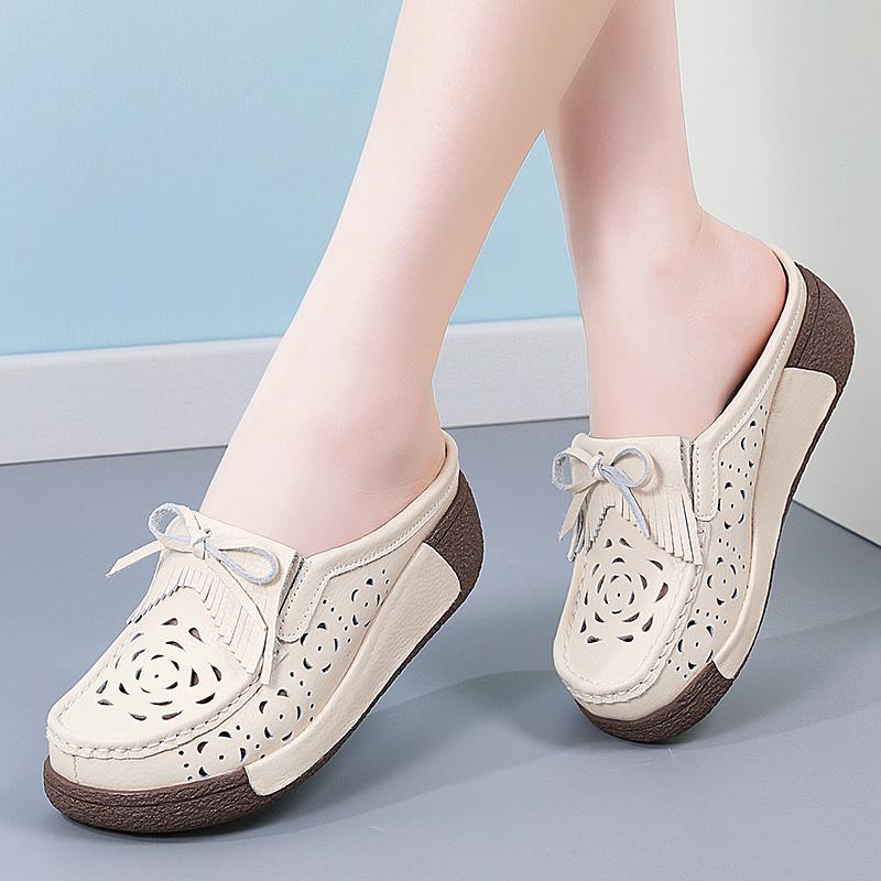 Damen Sandalen mit Höhenabsatz Plateau Loafers Rot Slipper zum Hineinschlüpfen Lässige Clogs Blume Leder Weiße Schuhe für Mutter