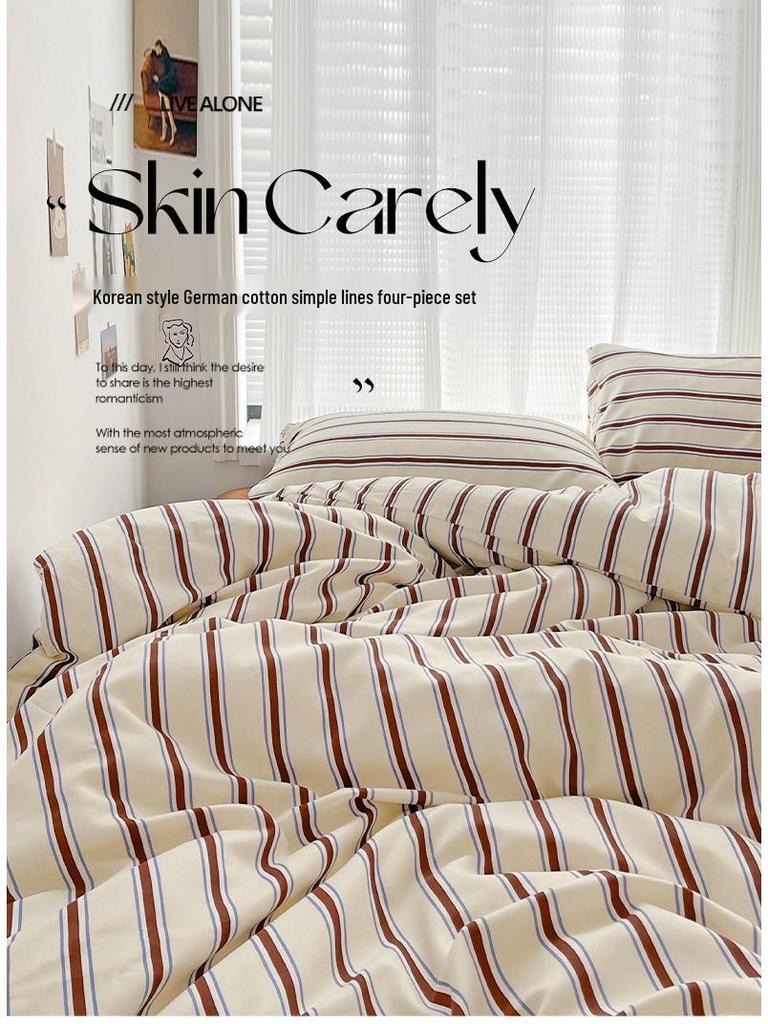 Korean Minimalist Striped Cotton Bedding Set: Duvet & Fitted Sheets for 1.8 Bed