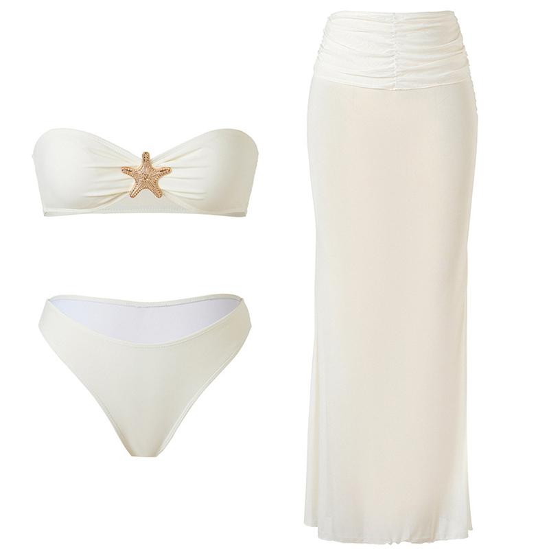 Summer 3 Piece Bikini Sets Strapless Bikini Top With Half Long Skirt Cover Ups Beach Wear Female Biquini Bathing Suit