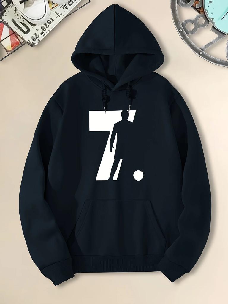 Autumn and Winter Men's Hoodie with Number 7 and Football Player Silhouette Print Men's Street Casual Sweatshirt Hooded Pullover