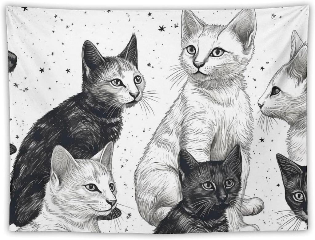 Wall Hanging Black And White Kitten Tapestry for Bedroom Vintage Tapestries Porch Hanging Background Wall Poster for Living Room