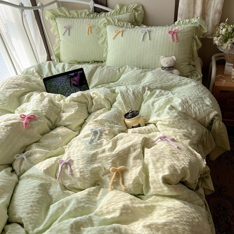 Soft Waxy Wrinkled Yarn Lace, Fairy Beauty Bow Skin-Friendly Quilt Cover Student, Bed Sheet And Mattress