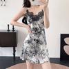 Ink painting women's summer ice silk retro pajamas suspender shorts set spring and autumn sexy pajamas loungewear with chest pads