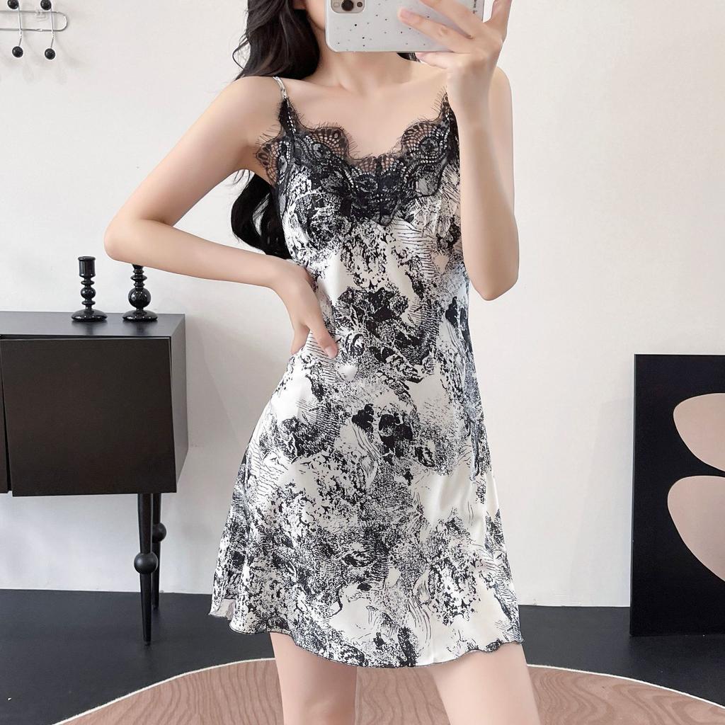 Ink painting women's summer ice silk retro pajamas suspender shorts set spring and autumn sexy pajamas loungewear with chest pads