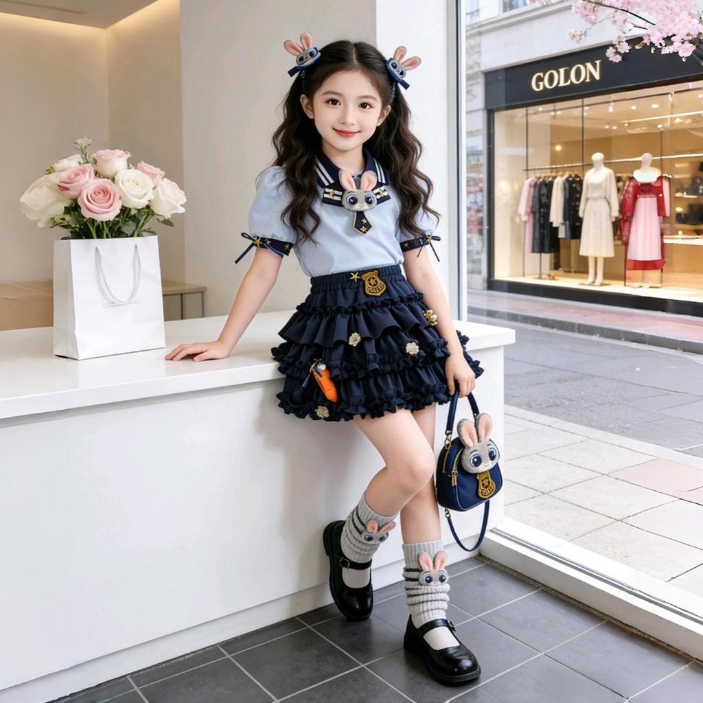 Girls' Academy Style Cartoon Skirt Set - Sweet Summer Princess Two-Piece Outfit