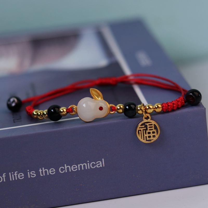 Chinese Style Lucky Zodiac Jade Rabbit Bracelet For Women Handmade Red Black Rope Charm Bracelets Lovers Friend Birthday Jewelry