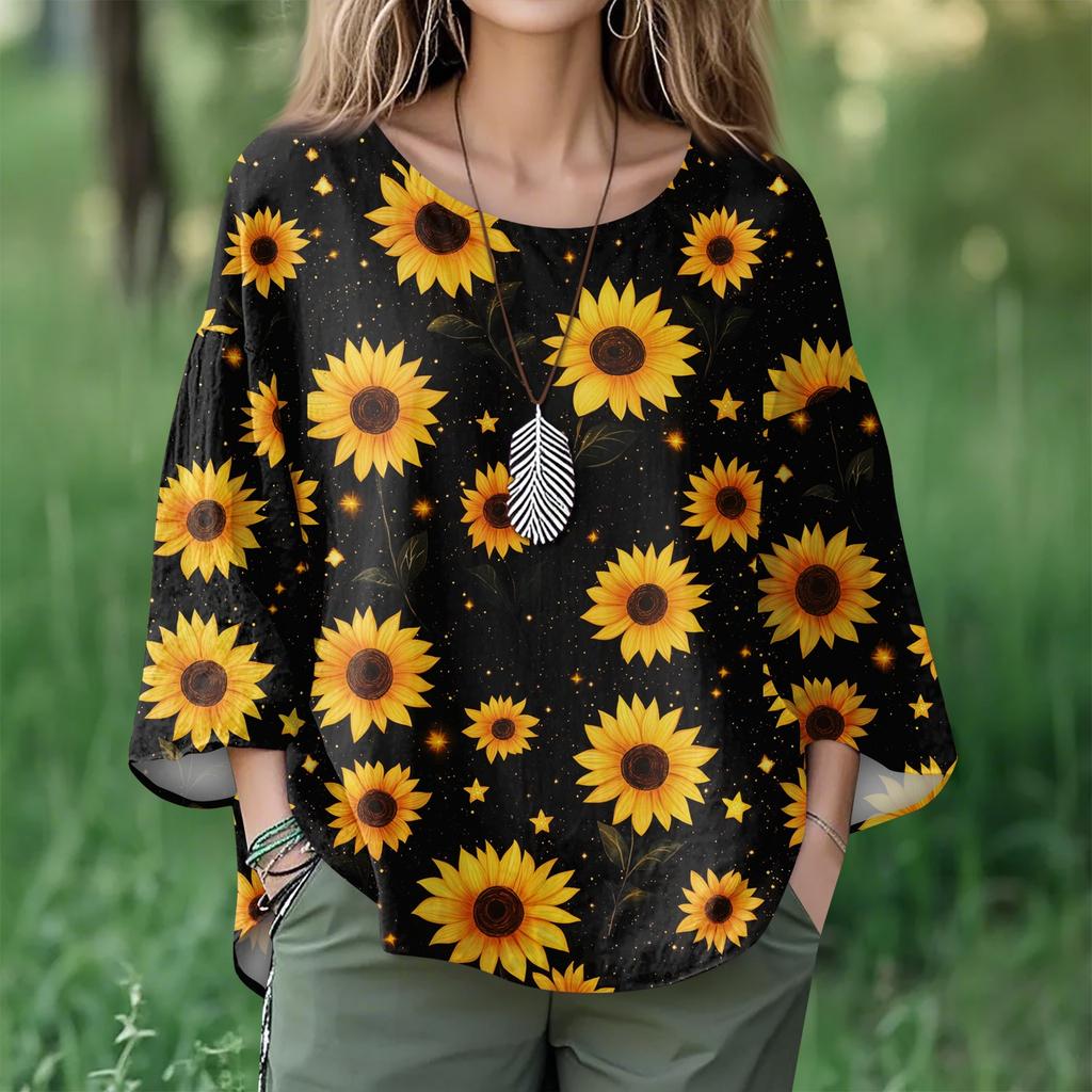 Summer Tops For Women Cute O Neck 3/4 Sleeve Blouses Floral Print Top Casual Shirts