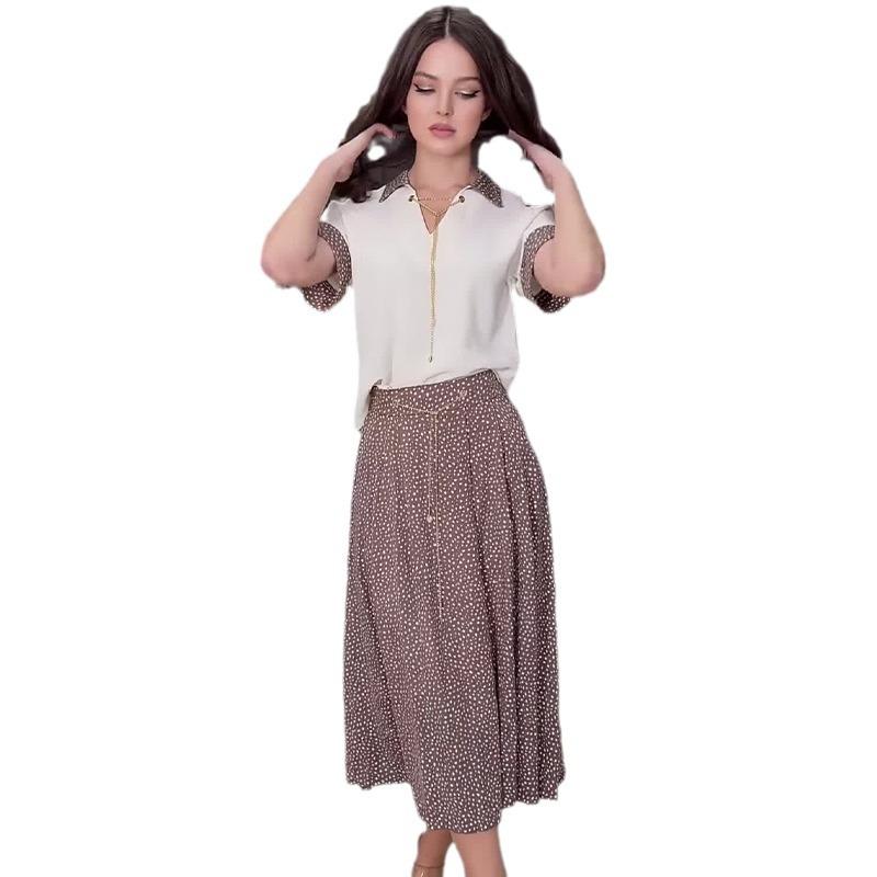 2024 Summer European & American Solid Color Slimming Shirt & High Waist Midi Skirt Casual Set