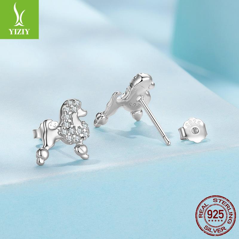 S925 Sterling Silver Mini Poodle Stud Earrings, Exquisite Cute Little Animal Dog Stud Earrings