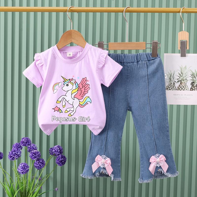 Girls Summer Cute Cartoon Short Sleeve Tee And Bow Knot Jeans Two Piece Set Casual Outfit