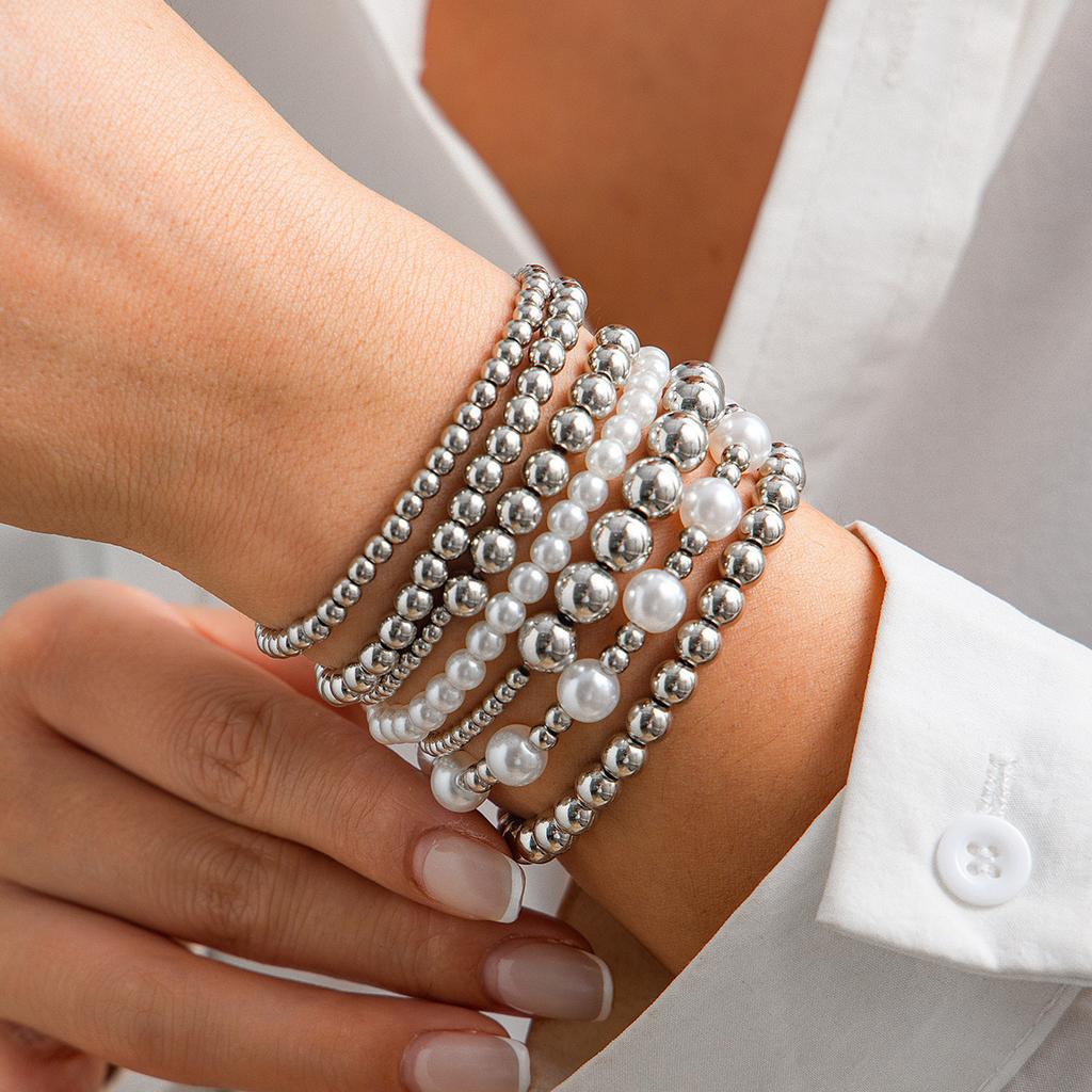 Europe, America, Baroque Pearl Beaded Multi-layer Bracelet, Retro CCB Round Bead Elastic Bracelet Set
