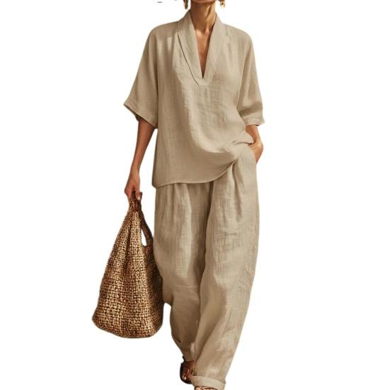 Completi Estivi da Relax a 2 Pezzi per Donna con Scollo a V, Manica Corta e Pantaloni a Gamba Larga, Set Casual per Viaggi e Vacanze
