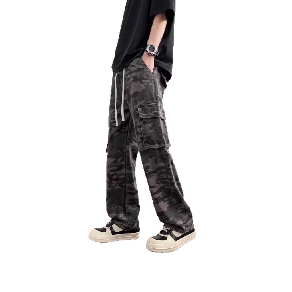 Camouflage large pocket overalls men's spring and autumn wide-leg straight men's denim casual long pants