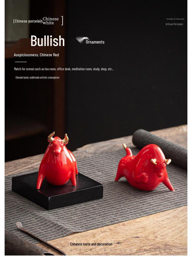 Red Ceramic Ox Figurine: Spirit-Soaring Handicraft for Home or Office Decor
