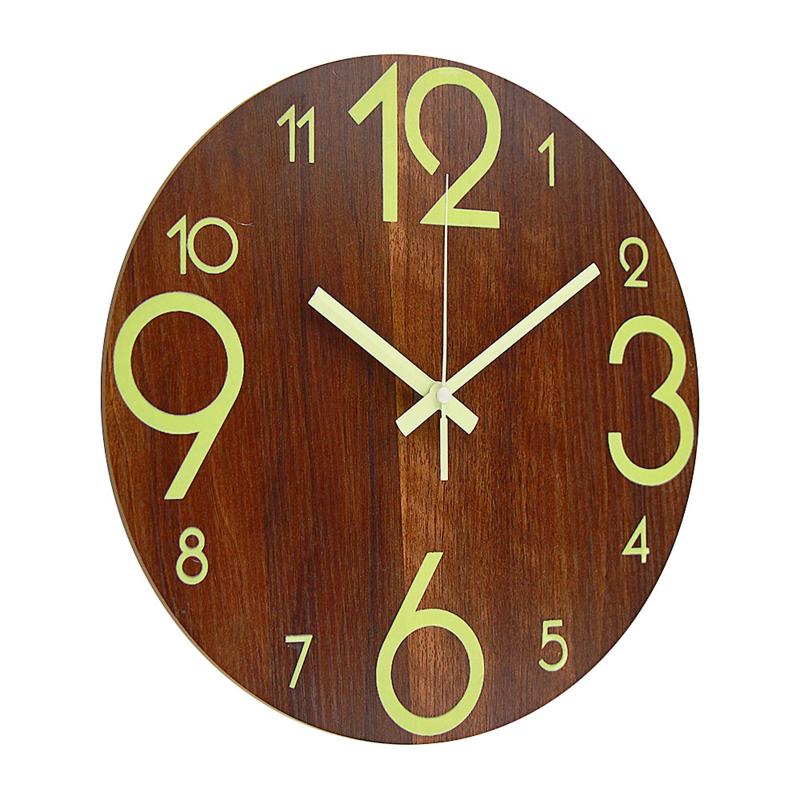 Round Luminous Wall Clock Glow In Dark Wooden Silent NonTicking Modern Style for Bedroom Decor