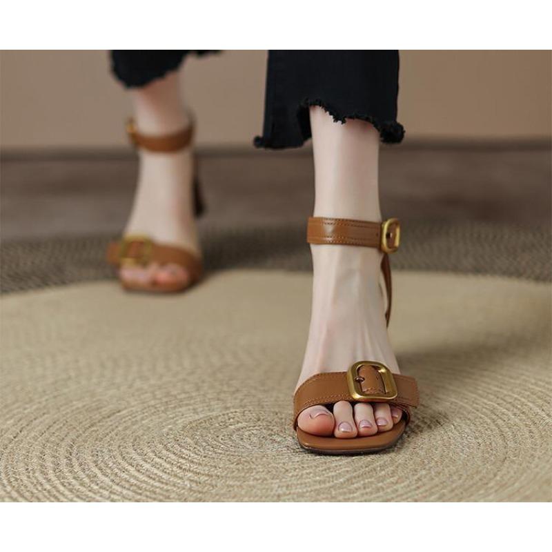 Lato 2025 Nowy Styl Damskie Modne Sandały Retro z Odkrytymi Palcami na Grubym Obcasie, Jednopaskowe Rzymskie Uniwersalne Sandały Damskie na Wysokim Obcasie