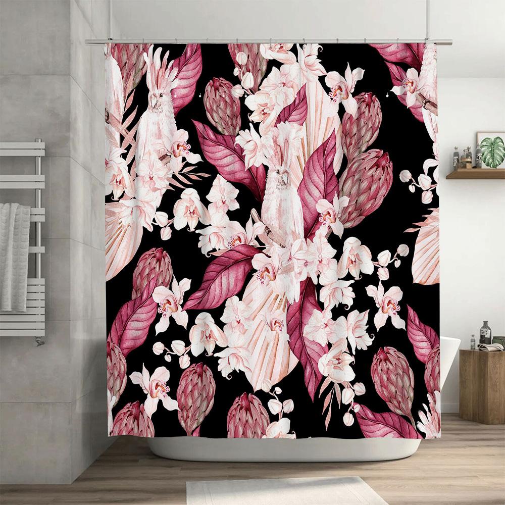 Badezimmer Duschvorhang Blumenmuster mit Vögeln, Rosa Weiß Blüher, Schwarzer Hintergrund Dekorativer Wasserdichter Duschvorhang für