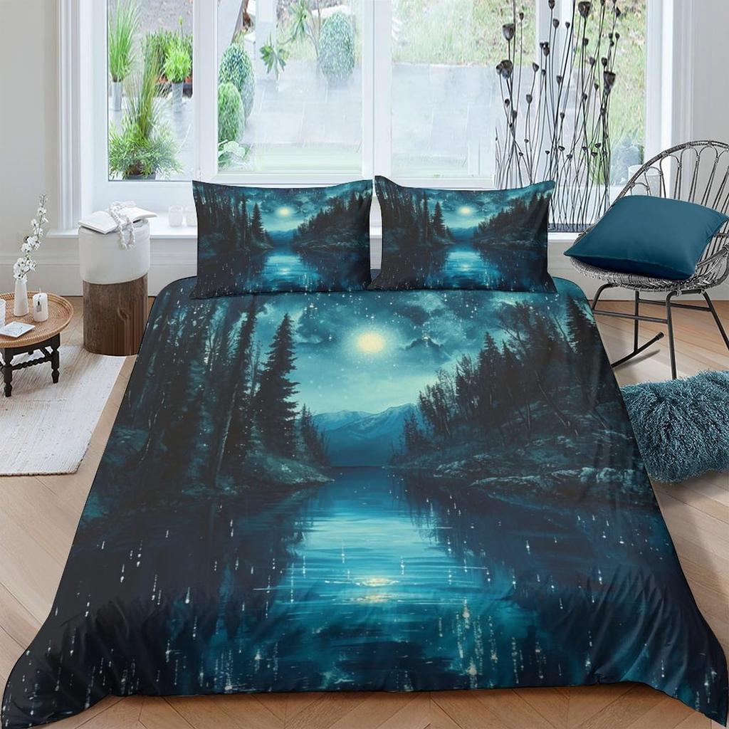 Lake Duvet Cover Sets for Kids Teens Queen Quilt Covers Lightweight Down Bedroom Decor 2 Pillowcases 1 Duvet Cover No Comforter