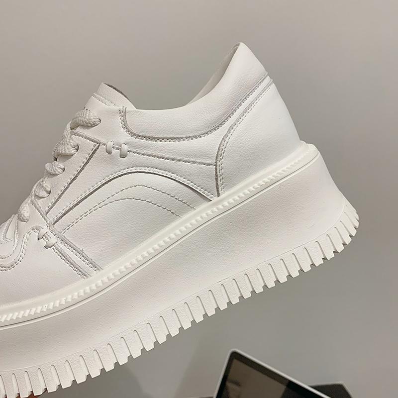 ქალის პლატფორმიანი ფეხსაცმელი, ქალის სპორტული ფეხსაცმელი 2024, ახალი, თასმებიანი, მაღალი ქუსლით, მრავალმხრივი, დაბალყელიანი, ყოველდღიური, მყარი ტყავის, პატარა ვაფლის ფეხსაცმელი