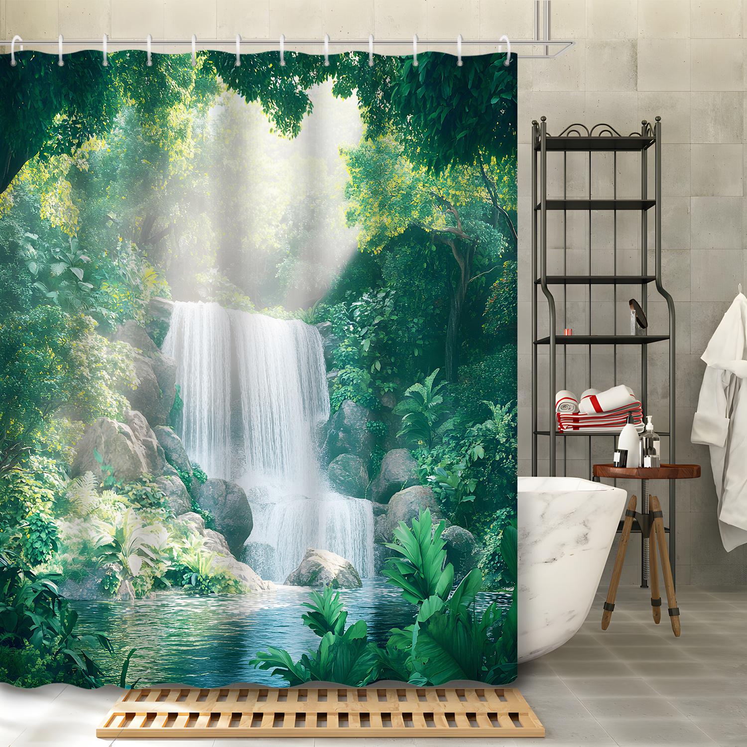 

1Pc Green Original Forest Natural Valley Waterfall Landscape Green Jungle Leaves Tree Shower Curtain Partition, 12 Hooks W60H190(CM)-1 Pcs