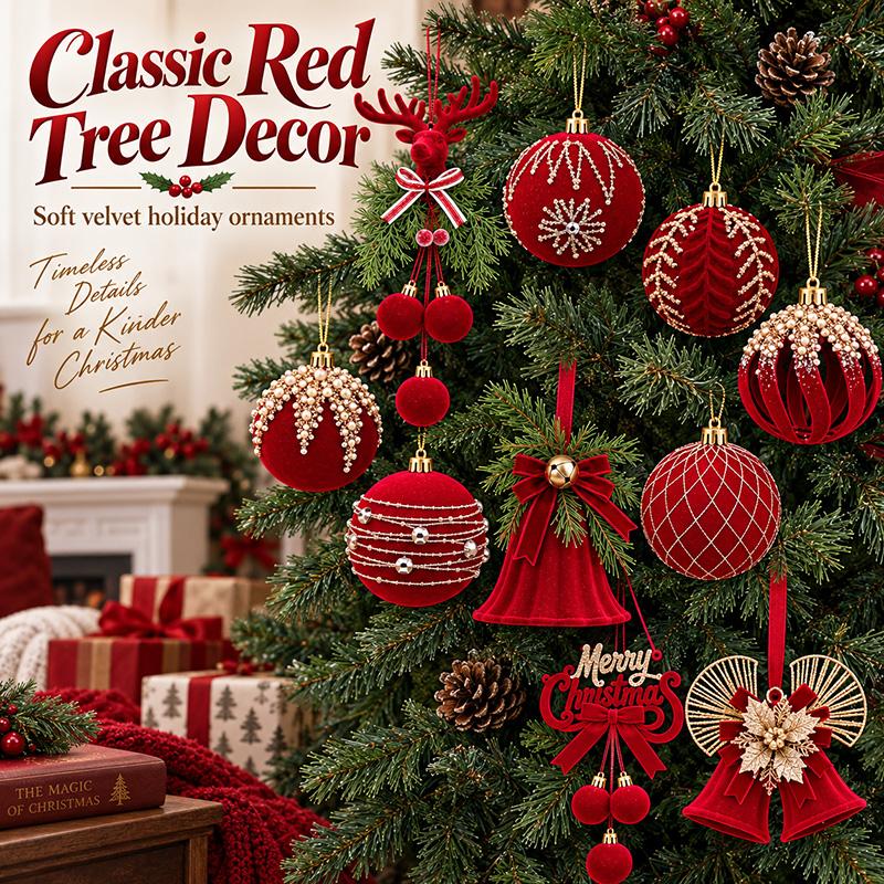 Red Flocking Christmas Ball Hanging Decorations Christmas Tree Ornaments Pendants New Year Christmas Shop Decorative Supplies