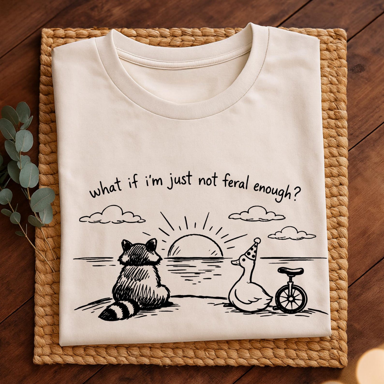 Ironic Raccoon and Clown Goose Sunset Sketch Tee – Whimsical Unicycle Animal Line Art 2XL