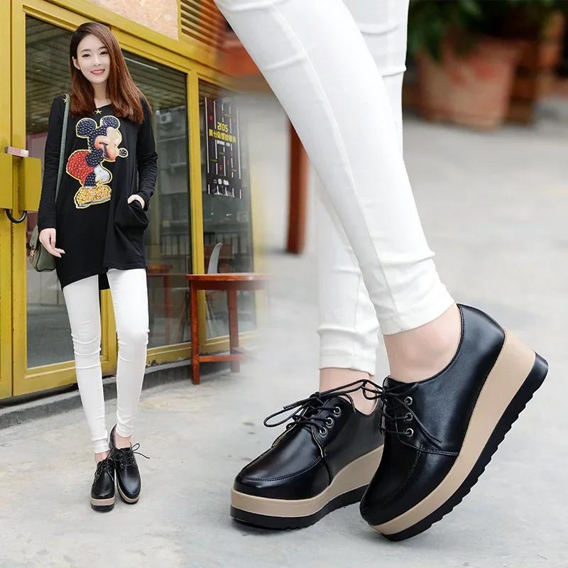 Women Oxford Shoes Flat On Platform Casual Shoes Frenum Leather Shoes Sewing Round Toe Mujer