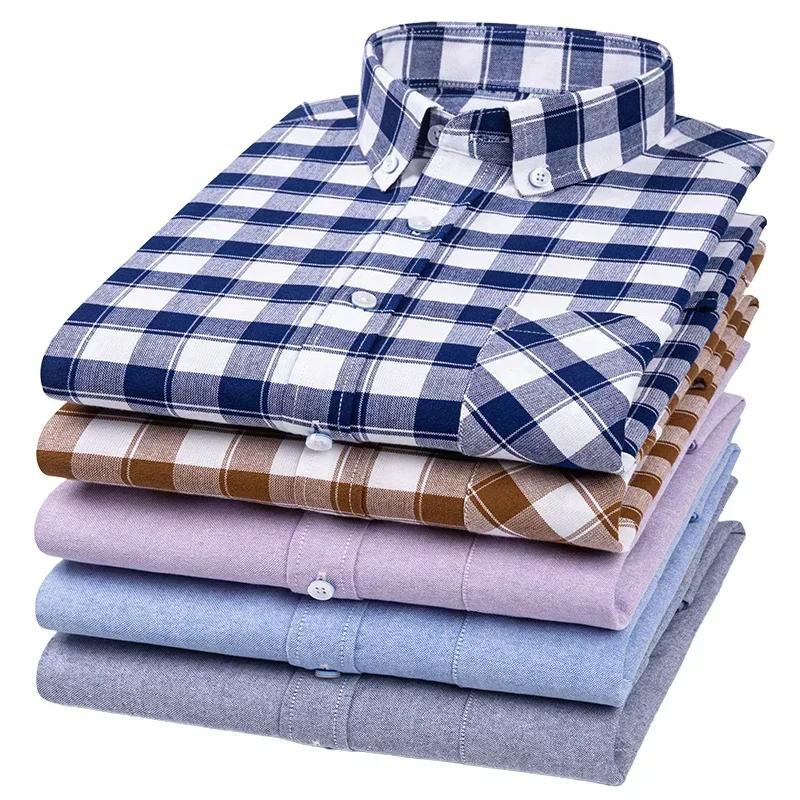 Spring and Autumn Men's Pure Cotton Long Sleeved Shirts for Middle and Youth Leisure All Cotton Oxford Plaid Plus Size Shirts