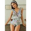 Ruffled Striped V-Neck Backless One-Piece Swimsuit - European and American Style