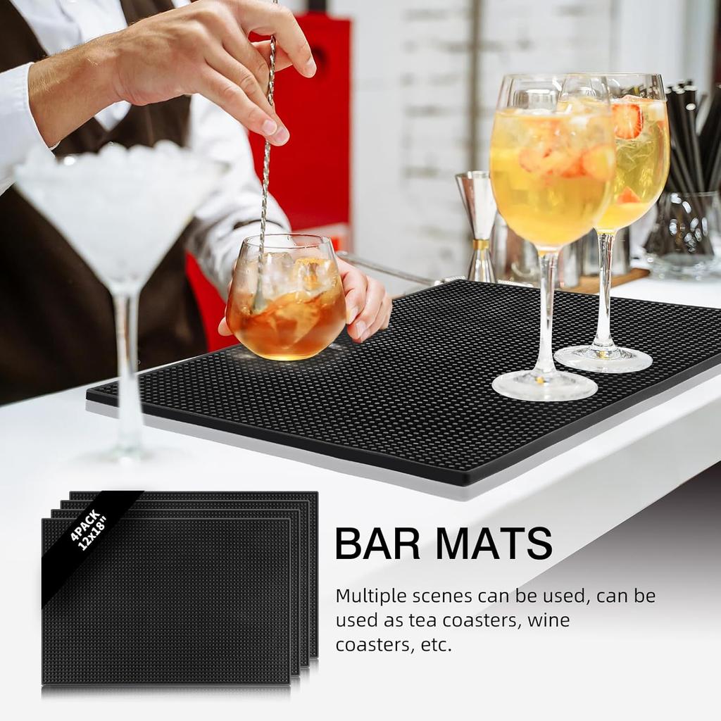4 Pcs Bar Mats for Countertop 18 X 12 Inch Rubber Silicone Bar Drying Coffee Non Slip Mat for Bartending Home Cocktail Bars Restaurants (Black)