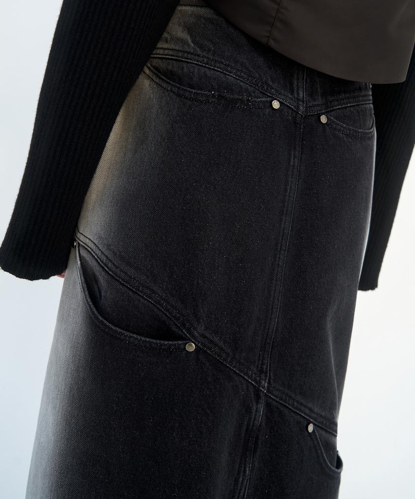 Teulimingbeodeu Curved Pocket Cut Denim Skirt [ Black ]