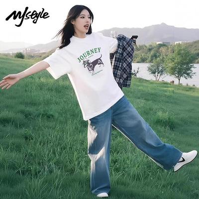MJ STYLE Women's Loose Fit Dog Print Cotton T-Shirt