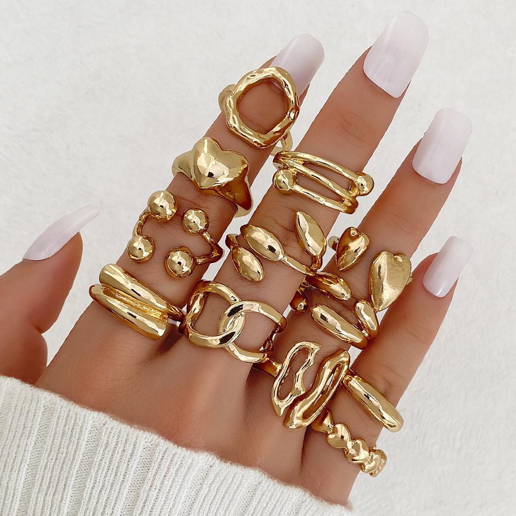 12Pcs/Set Exaggerated Irregular Heart-Shaped Rings for Women Vintage Metal Water Drop Open Rings Set Daily Jewelry Gift