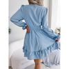Abiti Donna Primavera Estate Sexy con Fiocco a Svasatura Manica Lunga Linea ad A Colore Unico Scollo a V Mini Abito Arricciato