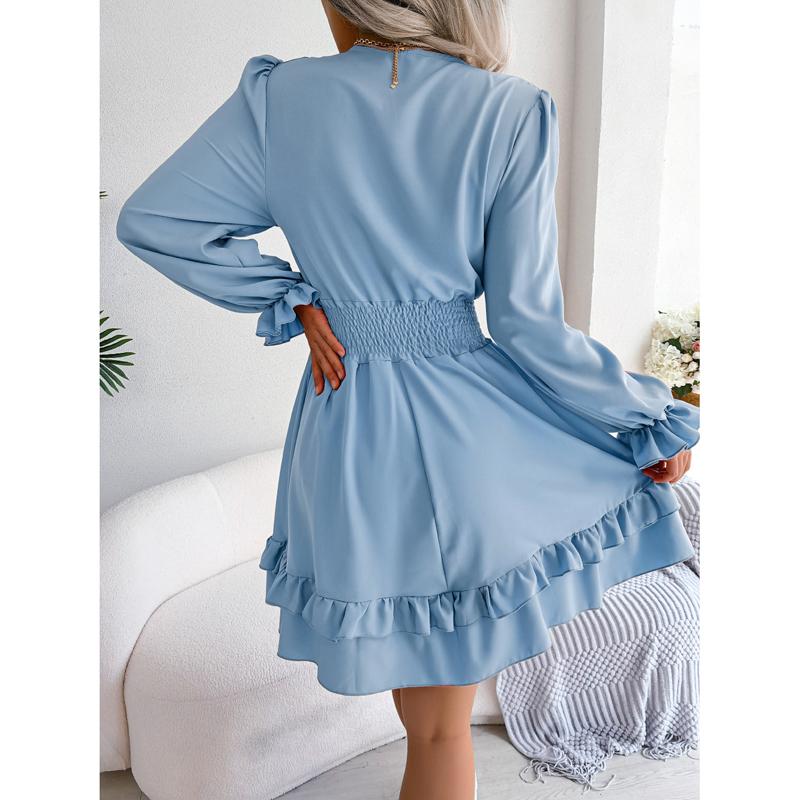Abiti Donna Primavera Estate Sexy con Fiocco a Svasatura Manica Lunga Linea ad A Colore Unico Scollo a V Mini Abito Arricciato