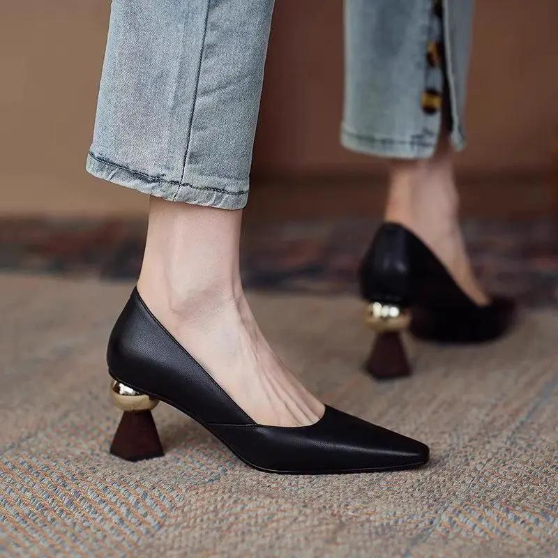 Pointed Toe on Heeled Shoes for Women Chunky Heels High Office Block Heel Woman Pumps Chic Point Luxury Brand Quick Delivery 39