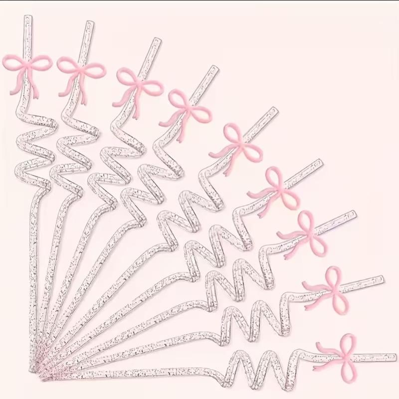 12PCS Pink Decorative Bows Spirals Straw With Detachable Design For Juice Cocktails And Milkshakes