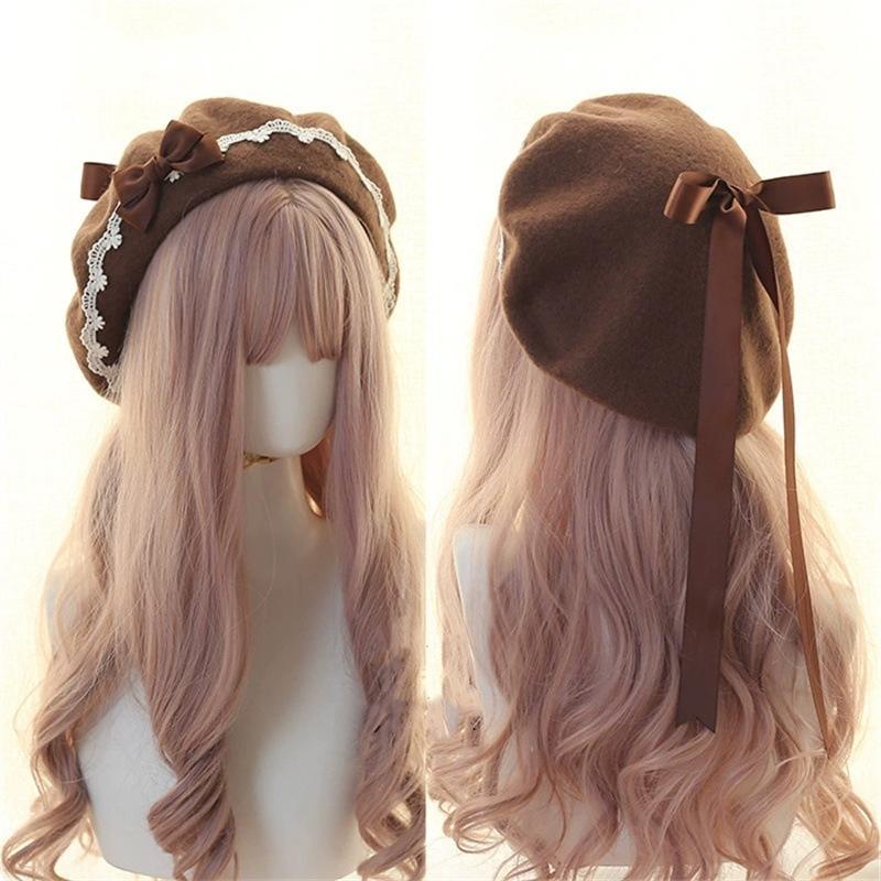 Fashion Lolita Japanese Style Beret Hat Sweet Woolen Bow Beret Warm Handmade Winter Berets Hat Women Girls